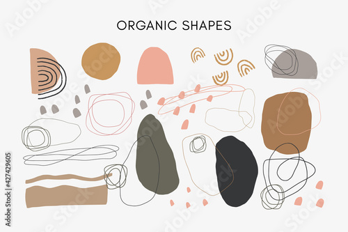 Set of vector hand drawn abstract organic shapes and irregular lines in neutral tones.