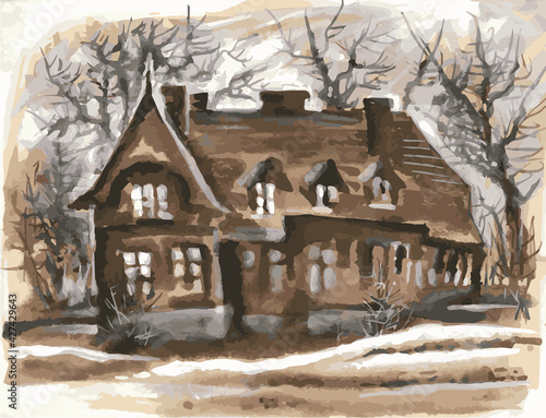 An old manor house on a background of trees. Sketch, monochrome watercolor, sepia.