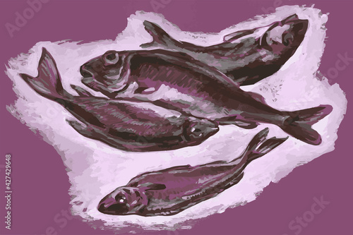 Four caught fish lie on a gray-crimson background. Still life, monochrome, sketch.