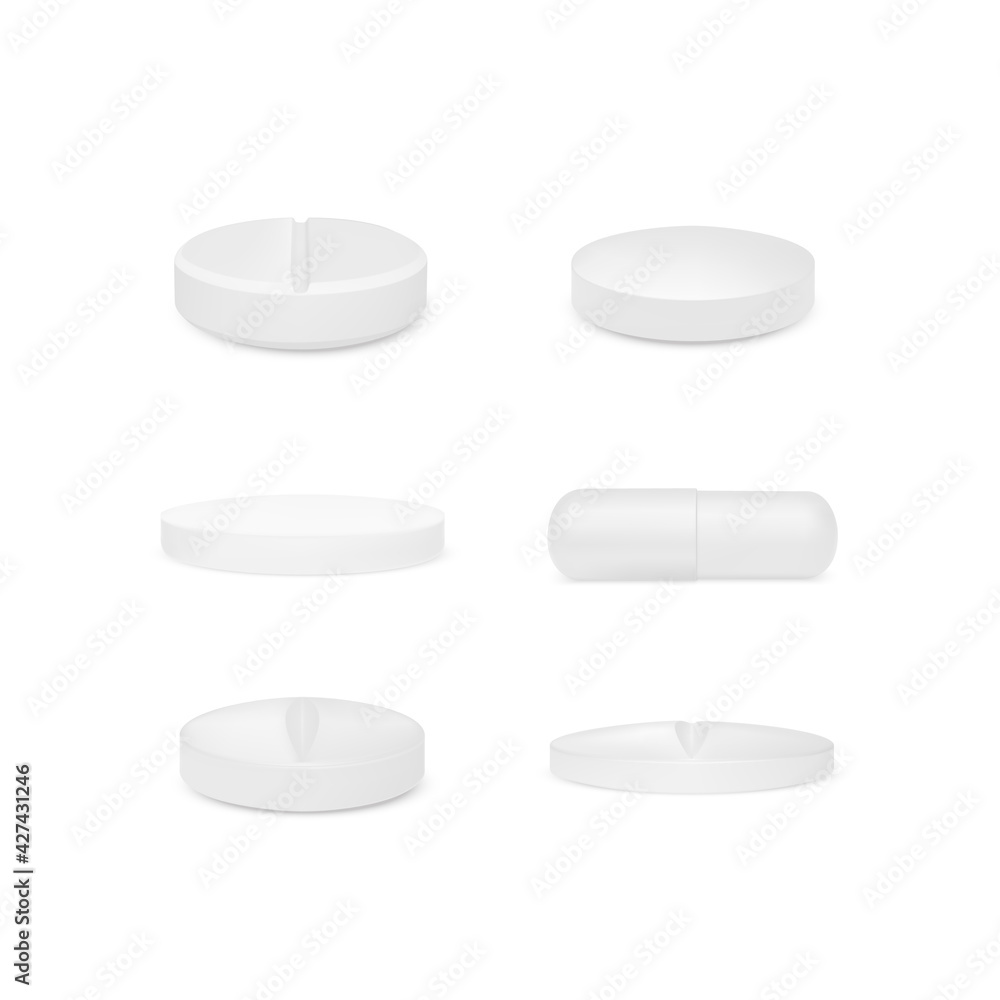 Set of realistic white pills. 3d render medicine drugs or vitamins. Vector illustration - obrazy, fototapety, plakaty 