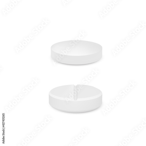 White pills. Realistic treatment tablets capsules. Medicine drugs or vitamins. Vector