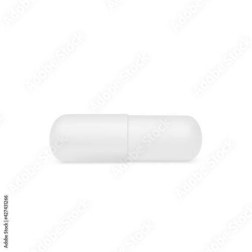 Realistic white pill. Realistic treatment tablet. Vitamins capsule on white background. Vector