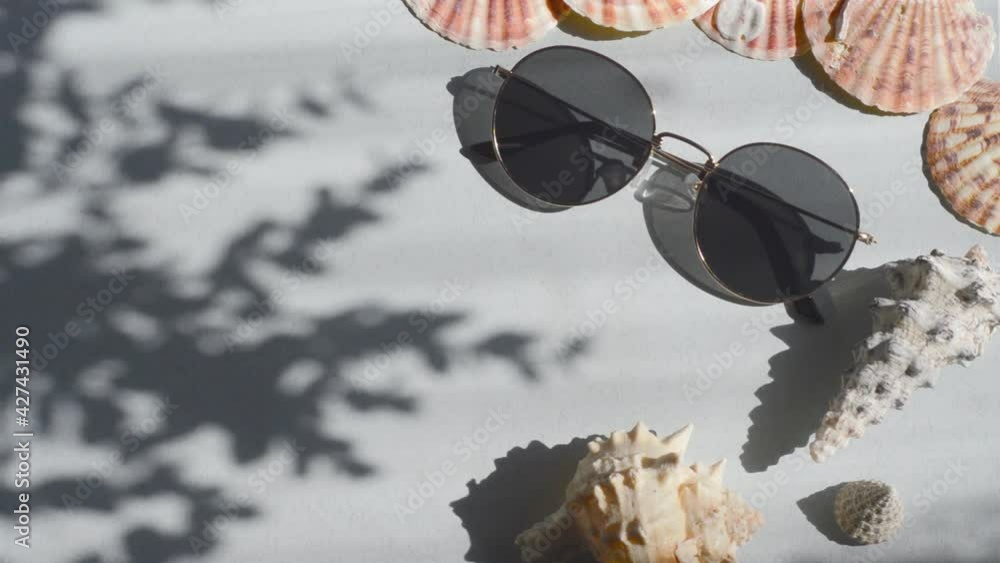 Sunglasses on a blue background with shells in the sunlight with the shadow of a tropical plant. Beach holiday concept, video background.
