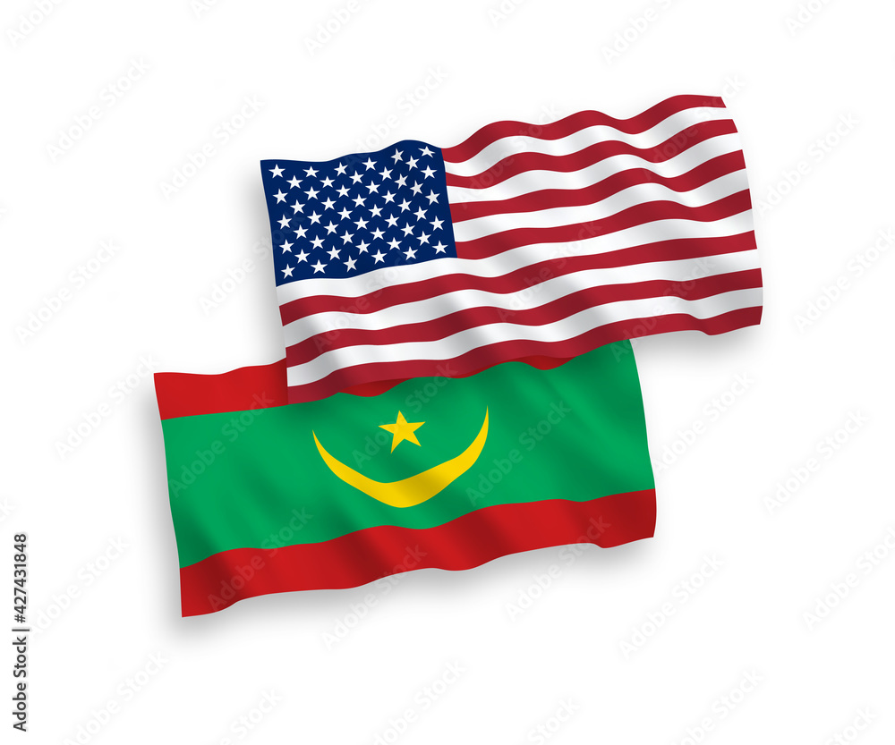 Obraz premium Flags of Islamic Republic of Mauritania and America on a white background