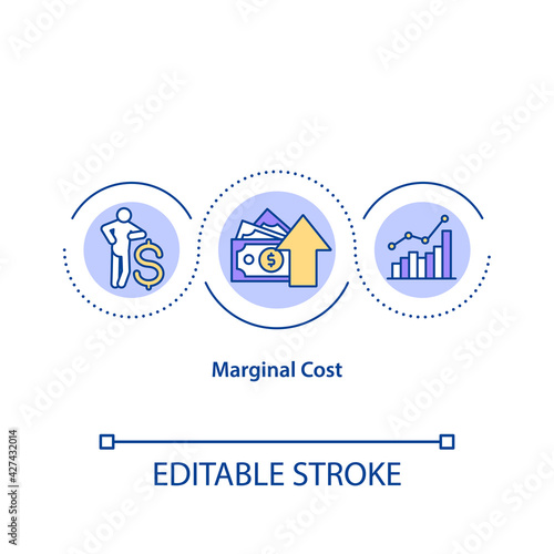Marginal cost concept icon. Change in total cost that arises when quantity produced is incremented by one unit idea thin line illustration. Vector isolated outline RGB color drawing. Editable stroke