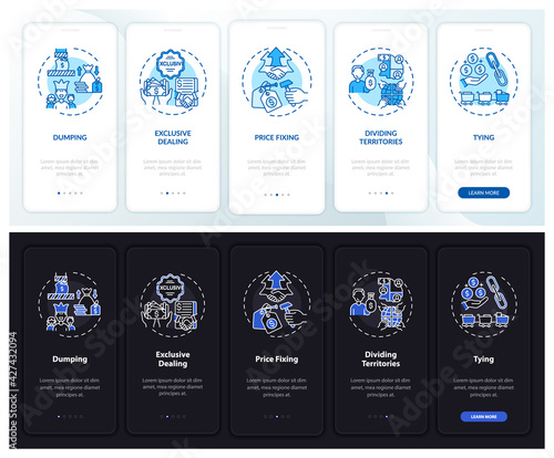 Uncompetitive ways onboarding mobile app page screen with concepts. Exclusivity, dump walkthrough 5 steps graphic instructions. UI, UX, GUI vector template with linear night and day mode illustrations photo