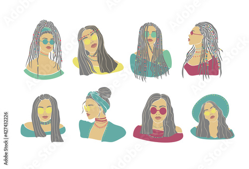 Stylish american illustration with woman face braids sunglasses drawn for clothes design. Boho style. Cartoon vector Hand drawn sketch illustration. Young lady portrait.