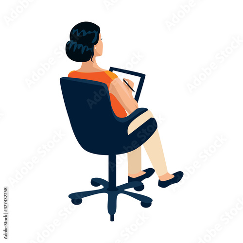 Vector illustration of a girl with dark hair sits in an office chair and takes notes, view from the back on a white background