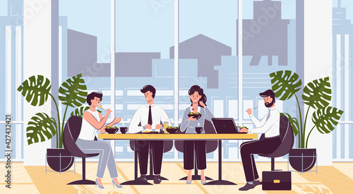 Cartoon Color Characters People and Lunch Time in Office Concept. Vector
