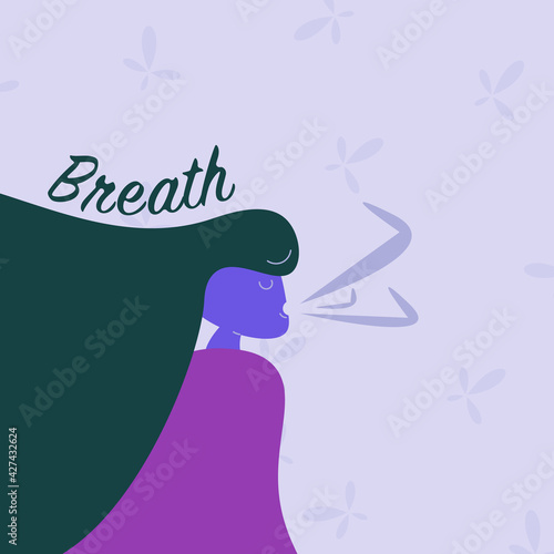 Woman breathing fresh air. inhale exhale concept. breath activity. stress relief. meditation and relaxation