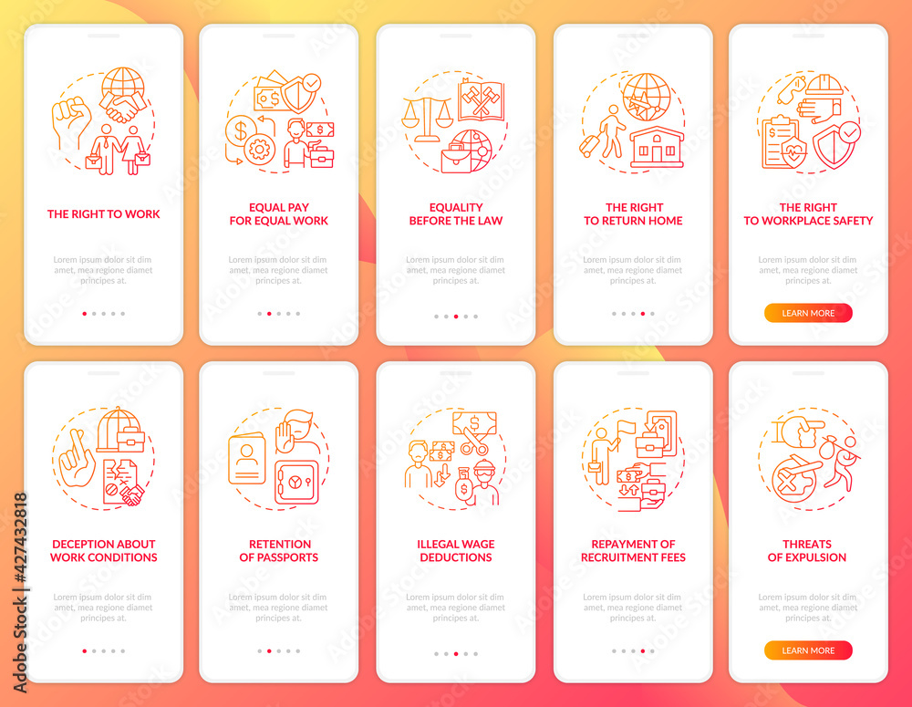 Migrant workers rights red onboarding mobile app page screen with concepts set. Immigration walkthrough 5 steps graphic instructions. UI, UX, GUI vector template with linear color illustrations