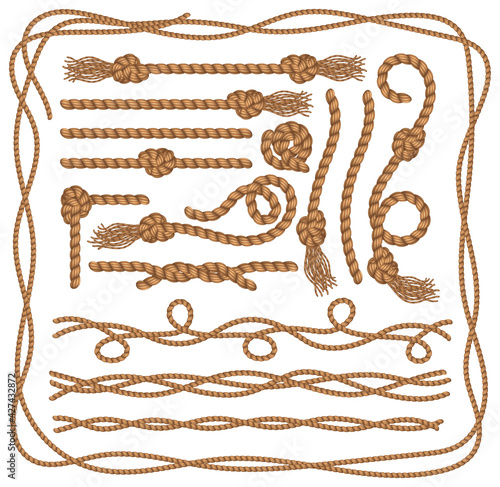 Realistic Detailed 3d Brown Fiber Ropes Set. Vector