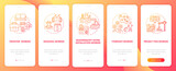 Migrant workers types red onboarding mobile app page screen with concepts. Immigrants walkthrough 5 steps graphic instructions. UI, UX, GUI vector template with linear color illustrations