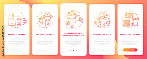 Migrant workers types red onboarding mobile app page screen with concepts. Immigrants walkthrough 5 steps graphic instructions. UI, UX, GUI vector template with linear color illustrations