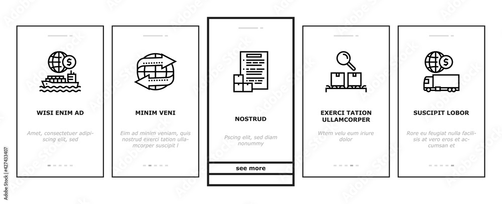 Export Import Logistic Onboarding Mobile App Page Screen Vector. Export And Import Airplane And Truck, Train And Ship Transportation, Conveyor And Container Illustrations Export Import Logistic Onboarding Mobile App Page Screen Vector. Export And Import Airplane And Truck, Train And Ship Transportation, Conveyor And Container Illustrations