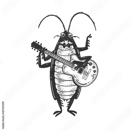 Cartoon cockroach orchestra playing the guitar sketch engraving vector illustration. T-shirt apparel print design. Scratch board imitation. Black and white hand drawn image.