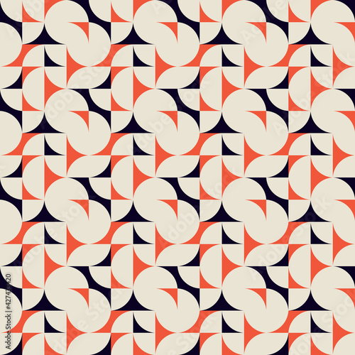 Modern vector abstract seamless geometric pattern with semicircles and circles in retro scandinavian style. Pastel colored simple shapes background.