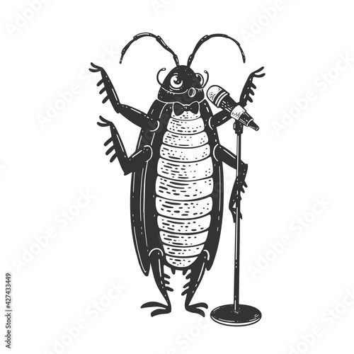 Cartoon singing cockroach with microphone orchestra sketch engraving vector illustration. T-shirt apparel print design. Scratch board imitation. Black and white hand drawn image.