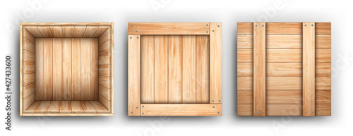 Realistic Detailed 3d Wooden Box Open and Closed View Set. Vector