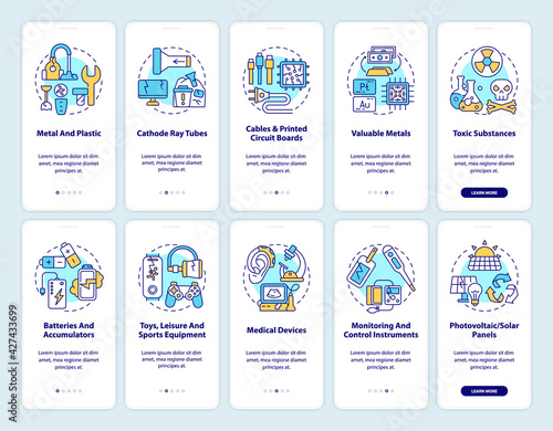 E-waste reprocess onboarding mobile app page screen with concepts set. Components, categories walkthrough 5 steps graphic instructions. UI, UX, GUI vector template with linear color illustrations
