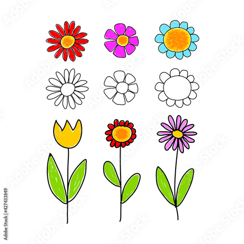  Children's drawing on white background, colorful flowers