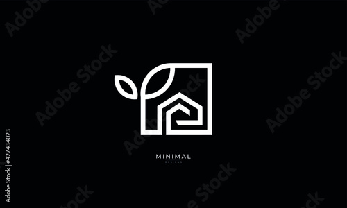 A line art icon logo of a house / home with a leaf circle