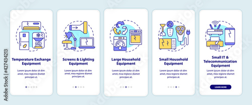 E-waste categories onboarding mobile app page screen with concepts. Large, small equipment walkthrough 5 steps graphic instructions. UI, UX, GUI vector template with linear color illustrations