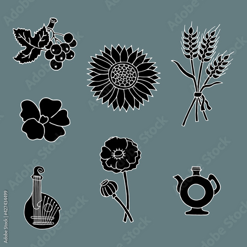 Vector illustration with traditional Ukrainian elements on a gray background.