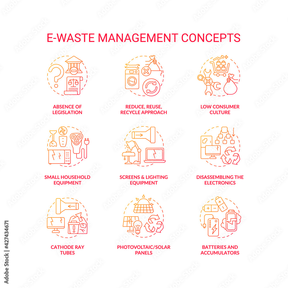 E-waste management concept icons set. Consumer culture idea thin line RGB color illustrations. Screens, lighting equipment. Cathode ray tubes. Household equipment. Vector isolated outline drawings