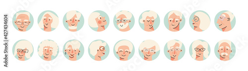 Senior people avatar big bundle set. Older user pic, different human mature face icons. Collection of grandparent avatars isolated. Bundle of joyful smiling pensioners. Isolated on white background