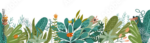 Flower plants leaves banner vector illustration with copy space for text isolated on white background. Bundle of wildflowers, set of decorative floral design elements. Backdrop for greeting cards