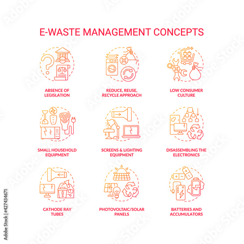 E-waste management concept icons set. Consumer culture idea thin line RGB color illustrations. Screens, lighting equipment. Cathode ray tubes. Household equipment. Vector isolated outline drawings