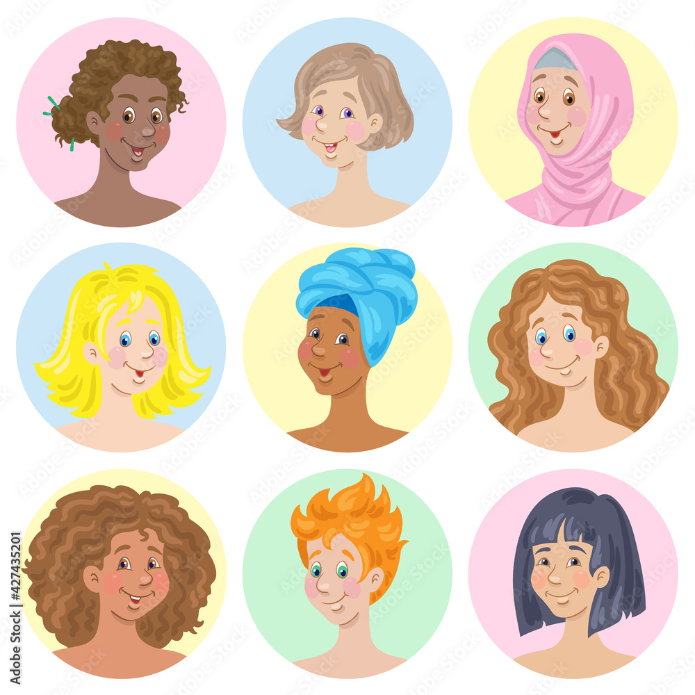 Avatar icons of happy young women of different nationalities and cultures. In cartoon style. Isolated on white background. Vector flat illustration. Avatar icons of happy young women of different nationalities and cultures. In cartoon style. Isolated on white background. Vector flat illustration.
