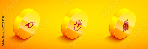 Set Isometric Whistle, Stopwatch and Sports nutrition icon. Vector