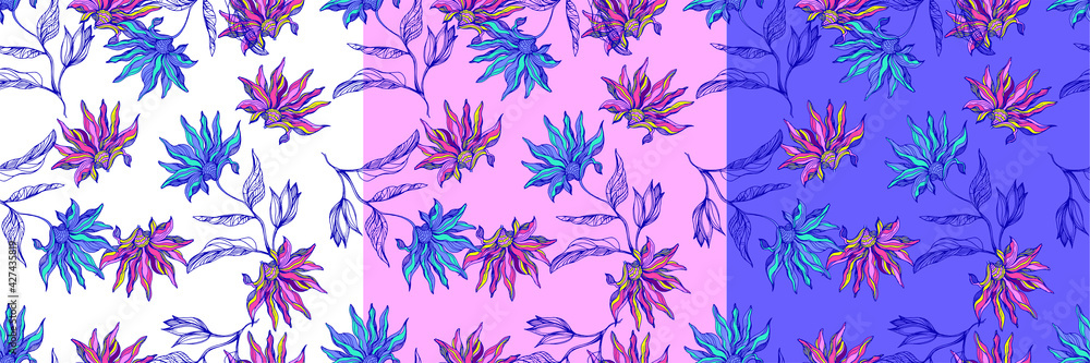 Palm trees with flowers. Neon color of tropical leaves. Trendy colorful palm leaf, jungle background and purple exotic plants. Palm trees with flowers. Neon color of tropical leaves. Trendy colorful palm leaf, jungle background and purple exotic plants.