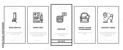 Pet Travel Equipment Onboarding Mobile App Page Screen Vector. Pet Transportation Cage And Bag, Leash And Muzzle For Walking, Food Bowl And Drinker Illustrations