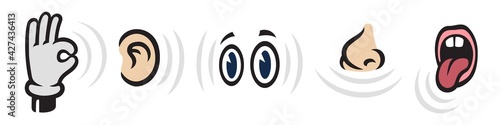 Five human senses icons set. Vision hearing smell touch taste signs