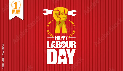Happy labour day vector label with strong orange fist isolated on red horizontal background. vector happy labor day background or horizontal banner with man hand. red workers may day poster
