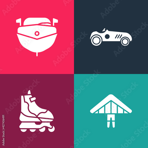 Set pop art Hang glider, Roller skate, Vintage sport racing car and Speedboat icon. Vector