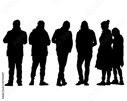 Crowds people walking on street. Isolated silhouette on a white background