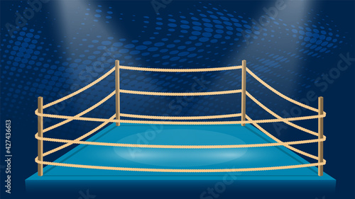 arena for boxing and illegal martial arts matches. Empty sports ring illuminated by beams of spotlights. Vector in cartoon style