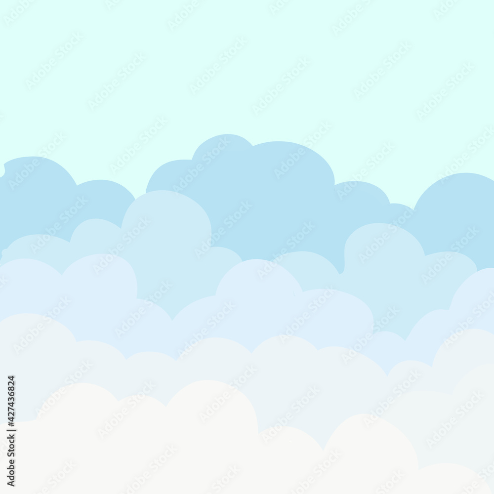 Flat Clouds Sky Design Background. Blue gradient. White and transparent clouds on the blue sky.