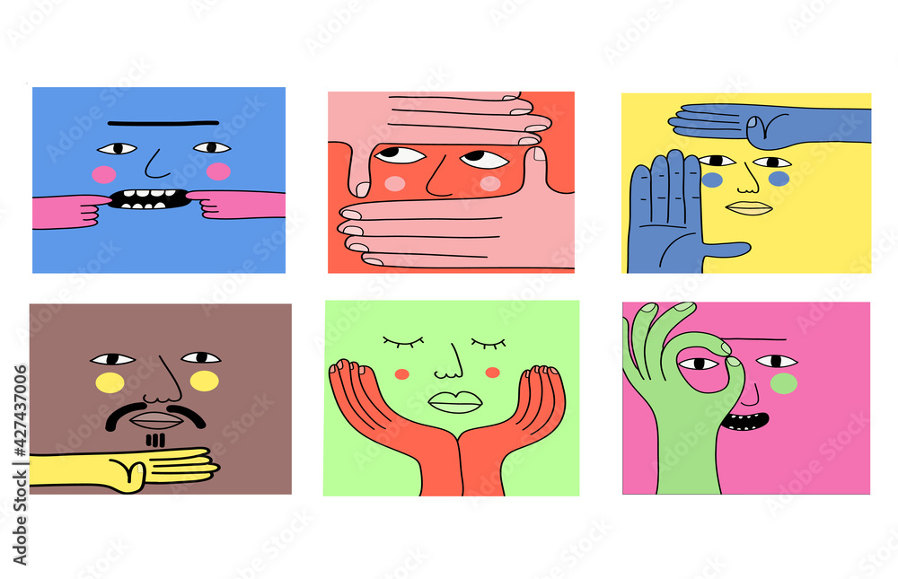 Square abstract comic Faces with various Emotions and hand gestures ...