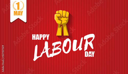 Happy labour day vector label with strong orange fist isolated on red horizontal background. vector happy labor day background or horizontal banner with man hand. red workers may day poster