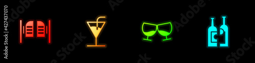 Set Saloon door, Cocktail, Glass of cognac brandy and Bottles wine icon. Vector