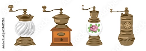 Set of vintage retro coffee grinders and pepper mills. Classic old-fashioned burr mills for seasoning, spices, coffee beans. Hand-drawn vector illustration, isolated on white background.