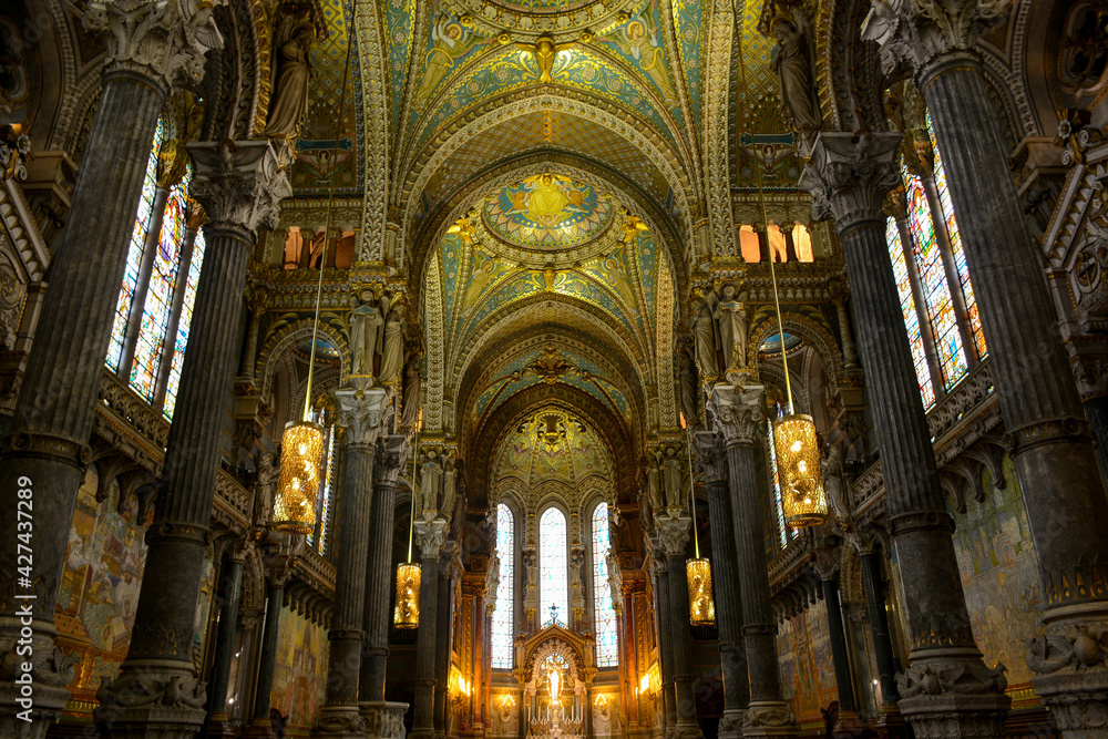 Lyon, France - October 25, 2019: View inside The Basilica of Notre-Dame de Fourviere (La Basilique Notre Dame de Fourviere)