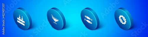 Set Isometric Pack of beer bottles, Dried fish, Bottle cap and Cocktail icon. Vector