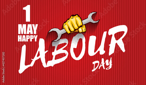 Happy labour day vector label with strong orange fist isolated on red horizontal background. vector happy labor day background or horizontal banner with man hand. red workers may day poster