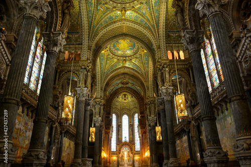 Lyon, France - October 25, 2019: View inside The Basilica of Notre-Dame de Fourviere (La Basilique Notre Dame de Fourviere)